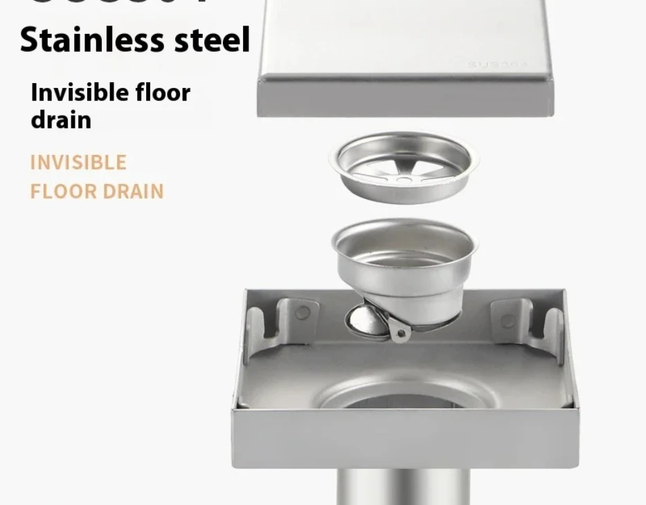 304 stainless steel invisible floor drain, black square bathroom, toilet, shower room, hidden drainage, anti odor floor drain