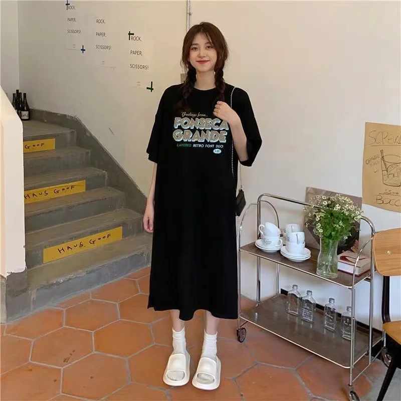 Robe T-shirt d'été à manches courtes, fente, au-dessus du genou, jupe longue ample, Style paresseux décontracté, tendance et élégant, nouvelle collection ​