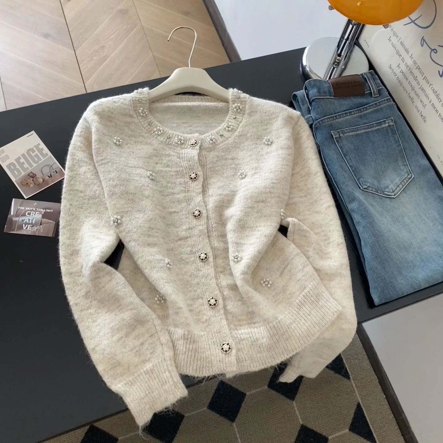 

Women's Grey O-Neck Luxury Knitwear Sweater Harajuku 90s Vintage 2000s Y2k Korean Style Long Sleeve Cashmere Sweater Autumn 2025