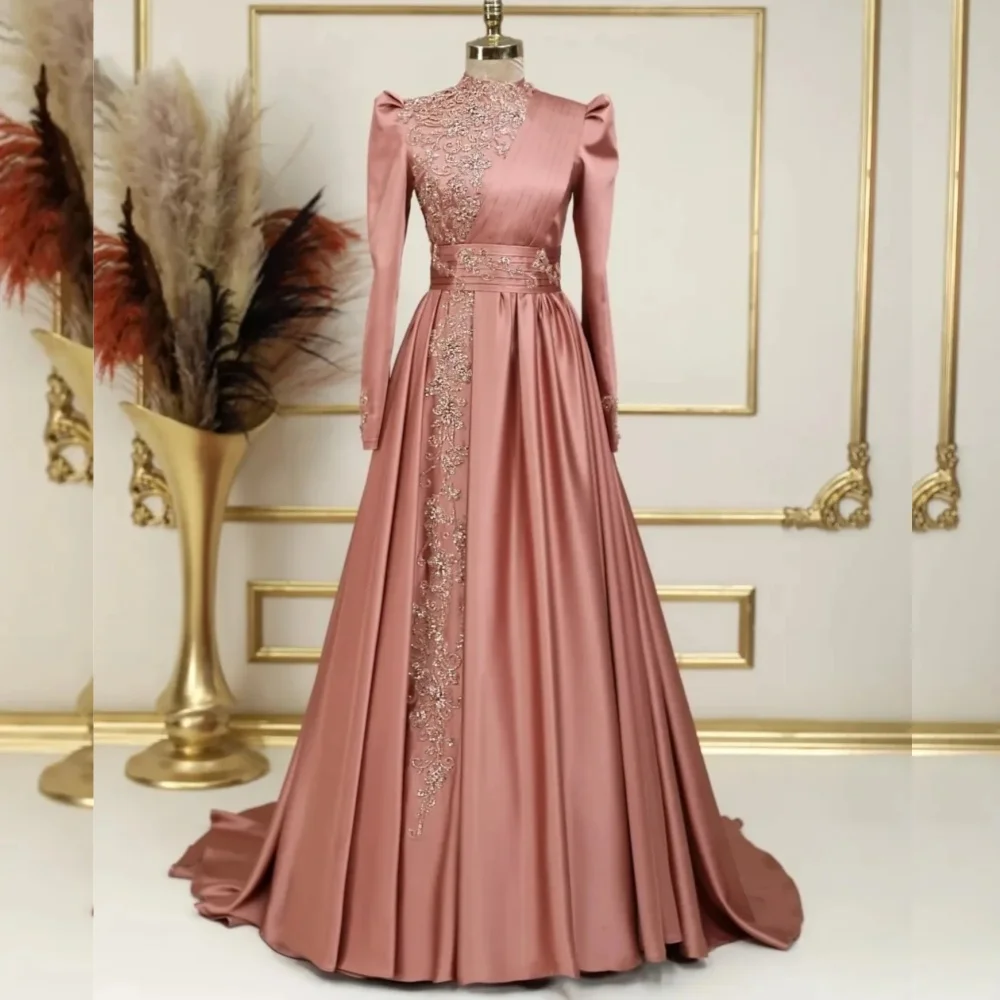

Customized Modern Style Jersey Sequined Pleat A-line High Collar Long Dresses Bespoke Occasion Sparkle