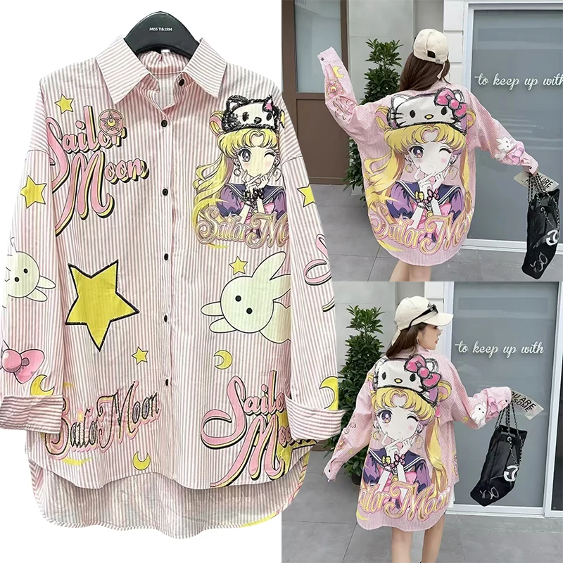 

Sailor Moon Tsukino Usagi Women's Striped Long Sleeved Shirt Anime Character Girl Polyester Casual Outdoor Trendy Top Shirt
