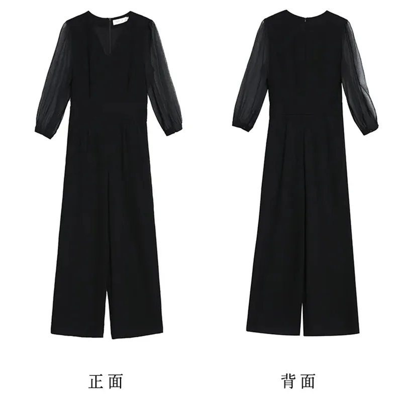 2024 New Spring and Summer Fashion Temperament Jumpsuit Black High Waist Slim Cropped Sleeve Chiffon Wide-leg Jumpsuit Female