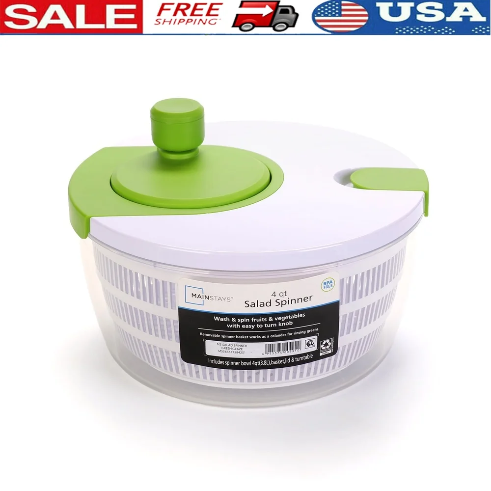 

4QT Salad Spinner Vegetable Dryer BPA Free Ergonomic Design Easy Spin Handle Removable Basket Lockable Lid Durable Parts Fresh