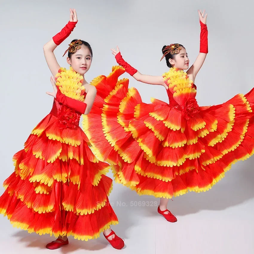 Gypsy Girls Spanish Bullfight Flamenco Skirts Belly Dance Dresses For Kids Girls Long Robe Flamenco Peony Petal Dress Costumes