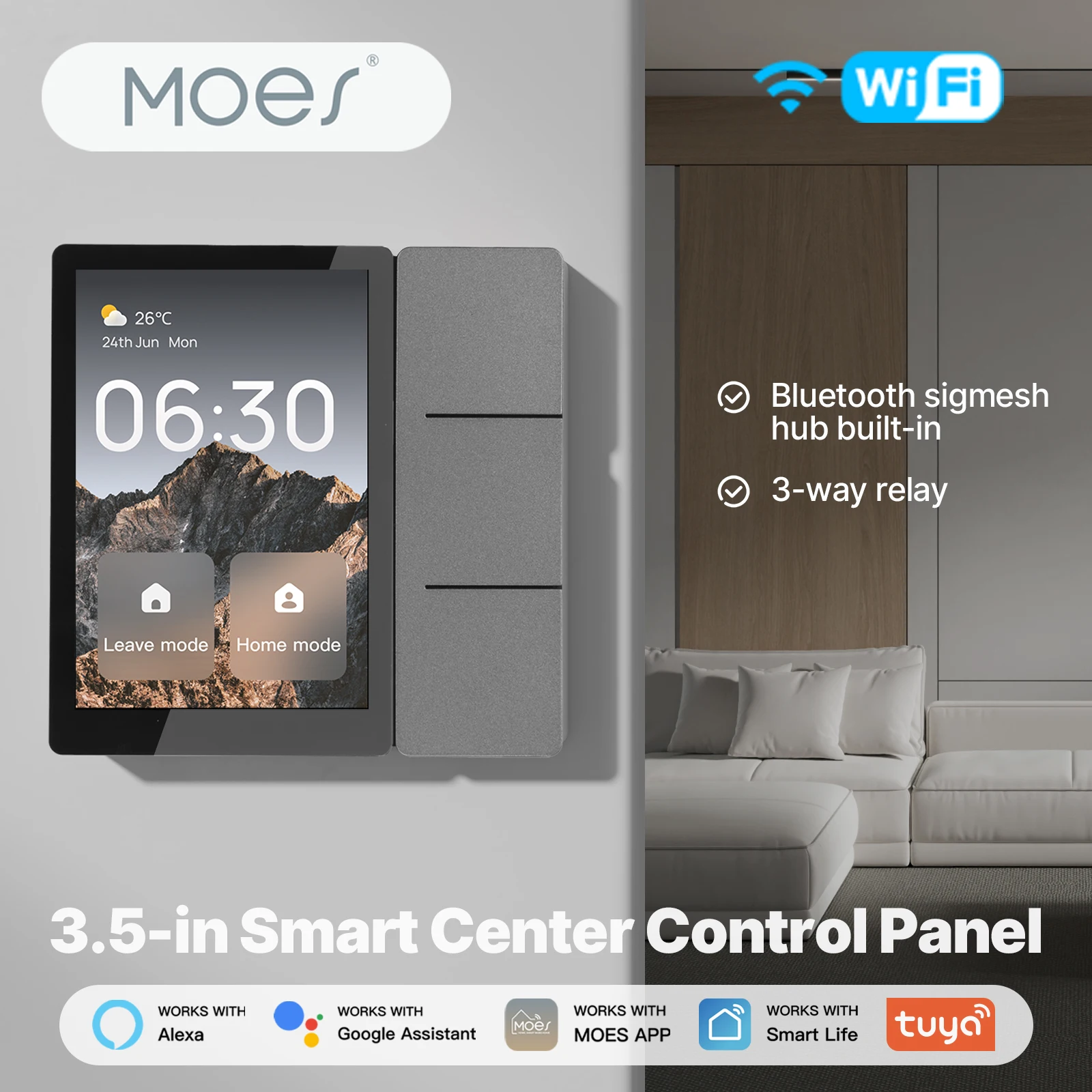 

MOES Tuya WiFi 3.5-inch Smart Center Control Touch Panel Central Screen Bluetooth Sigmesh Hub Built-in 3 Relays Physical Buttons