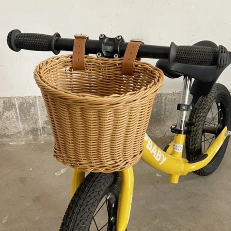 Stroller Front Basket for Kids Bike Scooter Woven Rattan Bag Waterproof Durable Handmade Storage Basket Detachable Baggage Bag