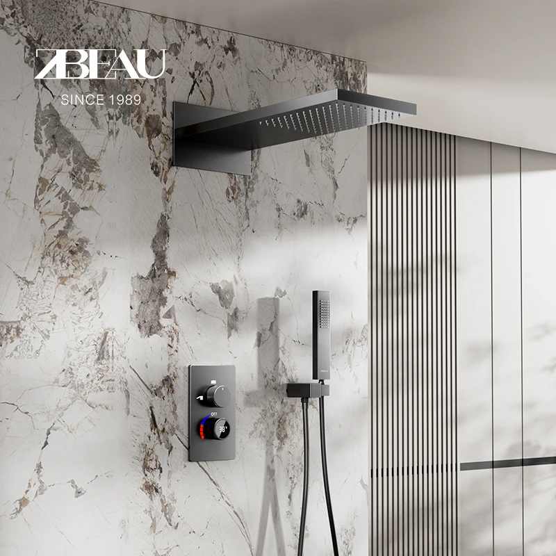 Hidden shower head, all copper cold and hot digital display, top spray knob, minimalist style embedded shower suit