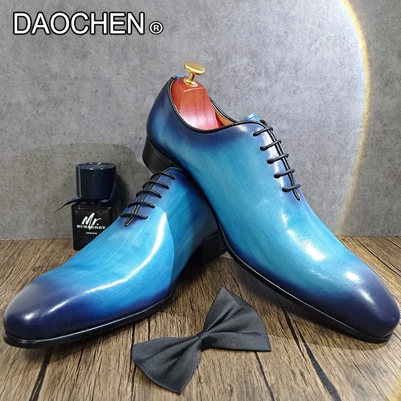 LUXURY BRAND MEN\'S OXFORD SHOES LACE UP POINTED TOE BLUE BLACK FORMAL DRESS MAN SHOES WEDDING BUSINESS LEATHER SHOES MEN