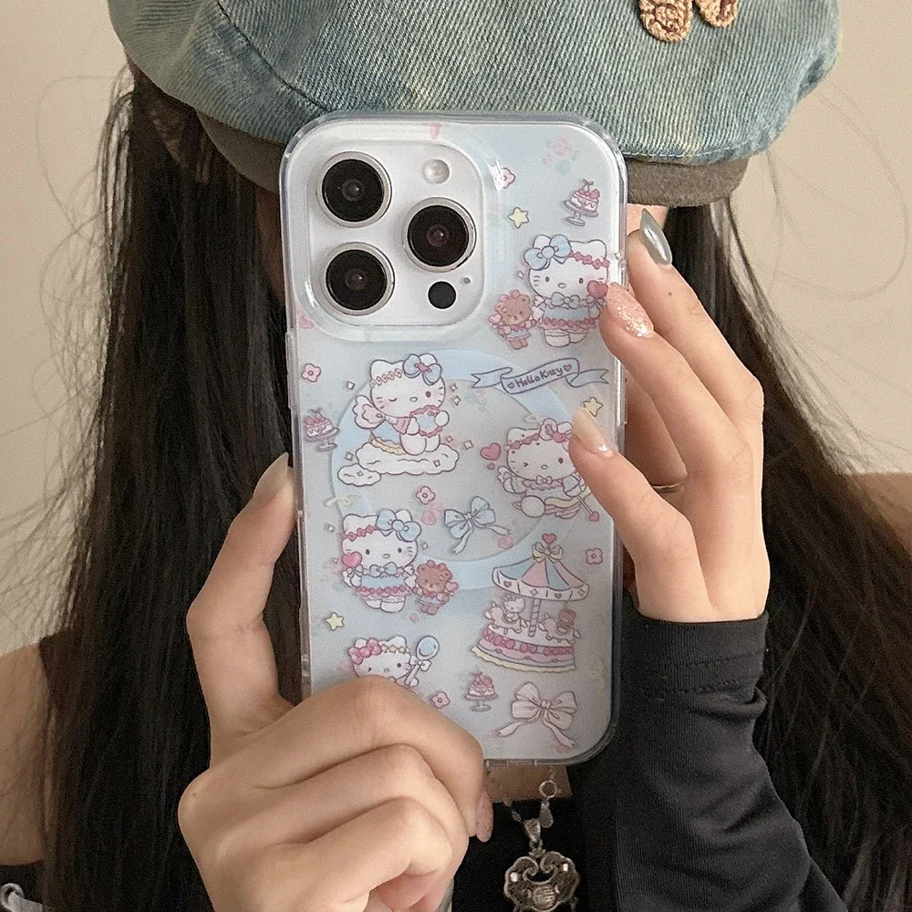 Cartoon Carousel Sanrios Hello Kitty for Magsafe Magnetic Bracket Phone Case For iPhone 16 15 14 13 12 Pro Max Back Cover Funda