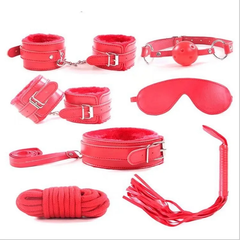 7pcs/Sexy Leather Nylon BDSM Kits Plush Sex Bondage Gear Handcuff Sex Game Whip Gag Adult Exotic Accessories Sex Toy for Couples