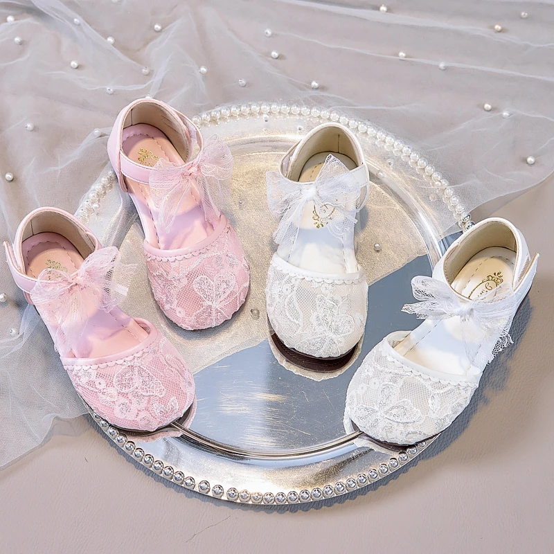 Girls Half Sandals Air Mesh Children Performance Dress Shoes with Lace Bow-knot Non Slip Soft Sole Kids Mary Jane Sandals