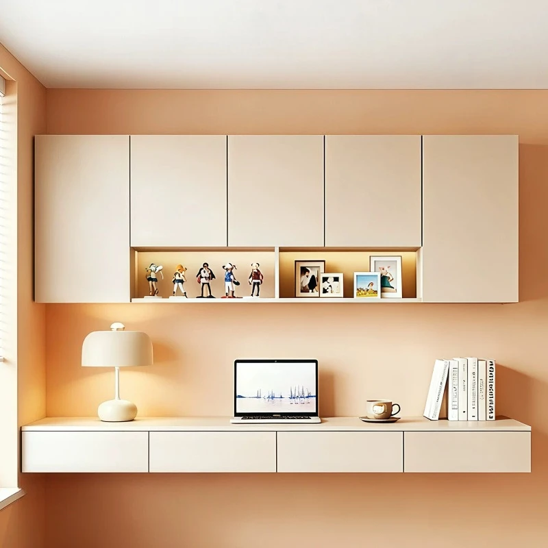 Nordic High-end Floating Desk Computer Desk Wall Hanging Solid Wood Hanging Bookshelf Cabinet Combination Study Furniture FYFD