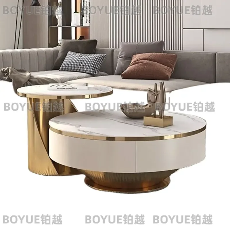 for Modern White Round Marble Slate Coffee Table Set Wooden Furniture Gold Metal Luxury Living Room Center Table