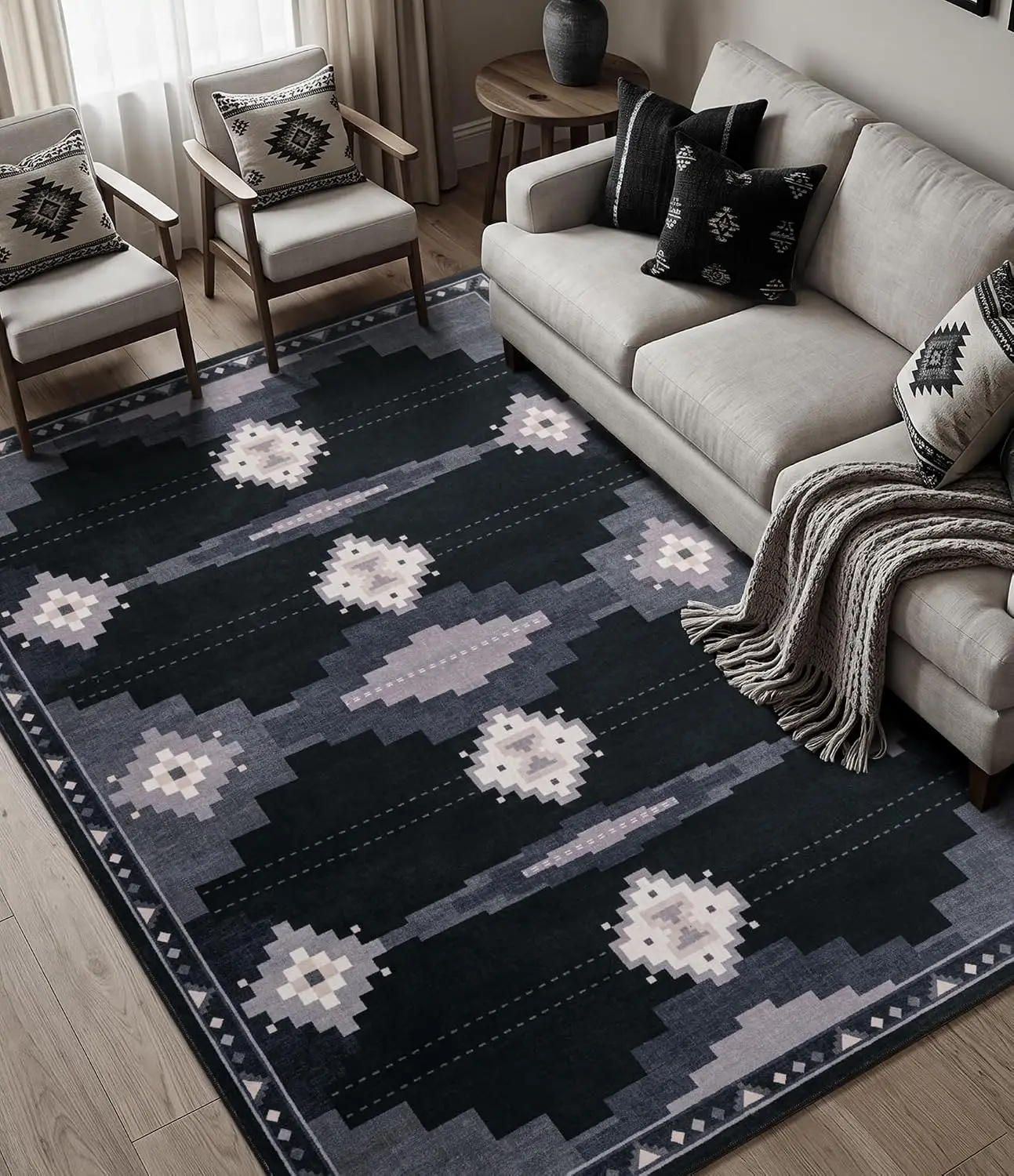 Black Grey Western Aztec Area Rug, Soft Non-Slip Washable Carpet, Southwestern Geometric for Boy Bedroom Dining Room Playroom