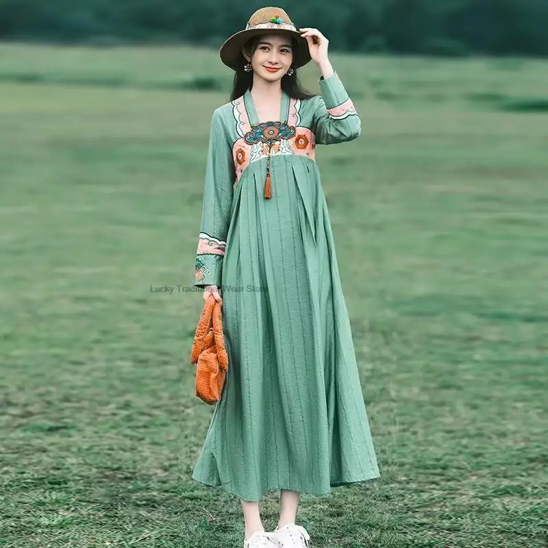 Vestido Vintage Oriental para mujer, vestido tradicional de estilo chino, bordado de flores nacionales Hanfu, vestido de baile folclórico Oriental