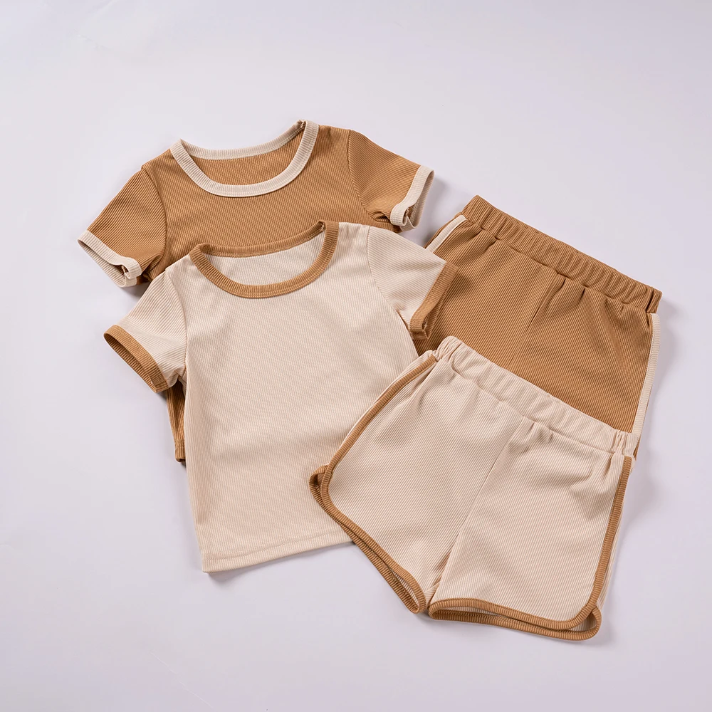 2023 Children Ribbed Solid Tracksuits Summer Toddler Boys Girls Casual Baby T-shirts+Shorts Clothes Sets Outfits Fashion Suits