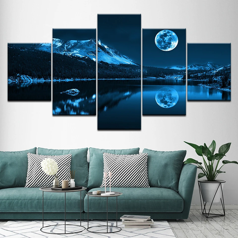 Abstract Blue Moon Night Scene Decoration Paintings 5 Pieces Canvas Art Wall Picture Print Modern Home Decor Living Room Artwork