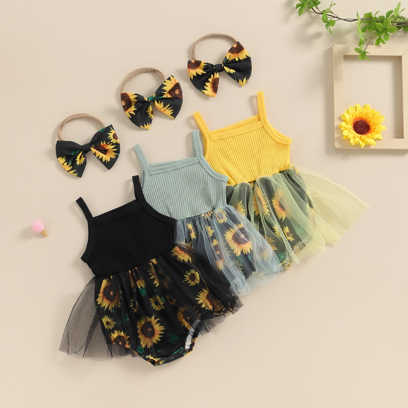 

Tregren Newborn Baby Girls Rompers Dress Summer Sunflower Print Spaghetti Strap Tulle Skirt Hem Infant Bodysuits with Headbands