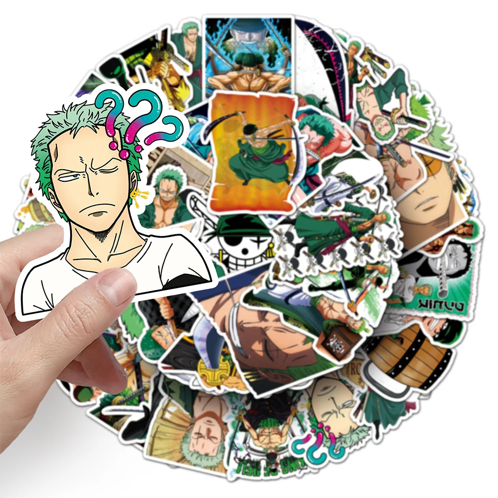 Roronoa Zoro-pegatinas de Anime de ONE PIECE, 10/30/50 piezas, grafiti impermeable, para monopatín, portátil, teléfono, calcomanías de dibujos