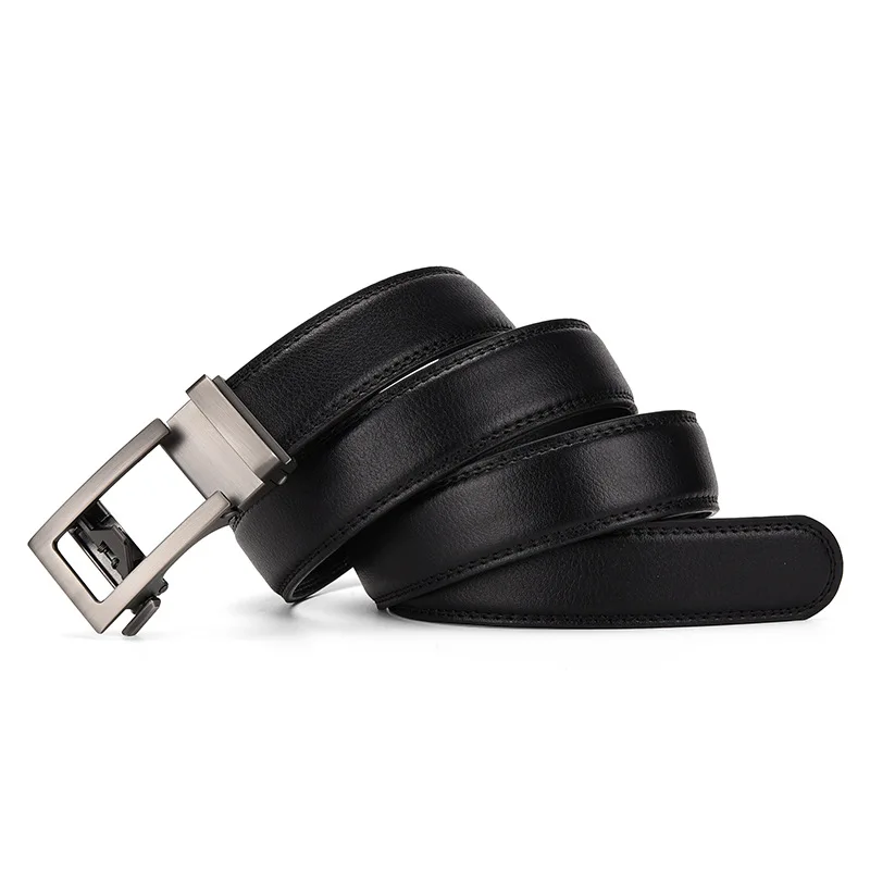 Men Automatic Buckle Belt Two-layer Cowhide Gray Belt Solid Color Straight Belt European And American Trend Pasek Męski Skórzany