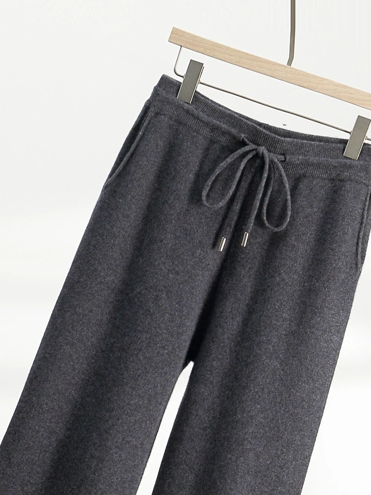 High Quality Men's 100% Cashmere Wide Leg Pants Autumn Winter Thick Warm Trousers Cashmere Knitted Smart Casual Sport Pants