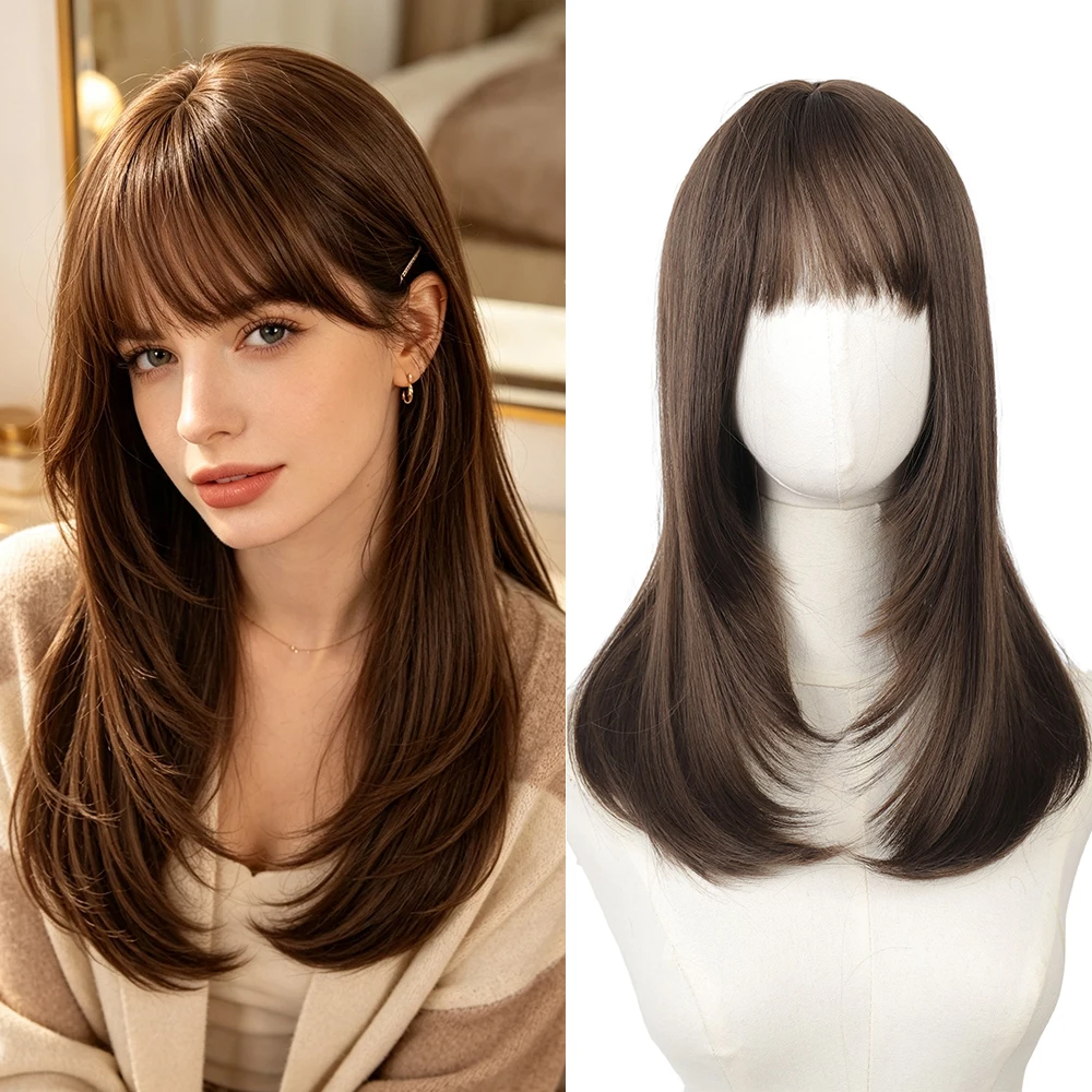 Synthetic 20 Inch French Layered Clavicle Inward Curl Brown Straight Hair Wig Halloween Cosplay Heat Resistant Fiber