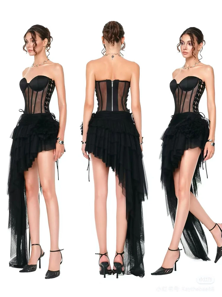 

Женский черный комплект из двух предметов, сексуальный корсет на шнуровке, топ с высокой талией и оборками, длинная тонкая юбка с разрезом, костюмы, формальный вечерний коктейльный комплект