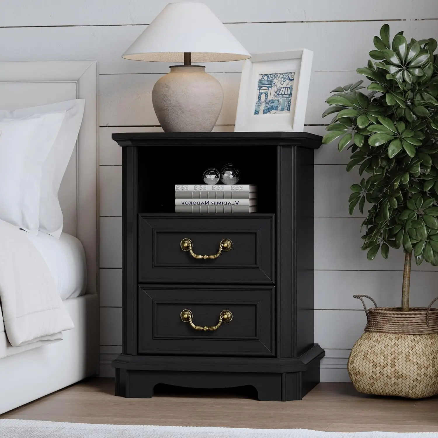 2-Drawer Nightstand With Charging Station, Rustic Wooden Top Bedside Table With Natural Wood Texture, Vintage, Customized