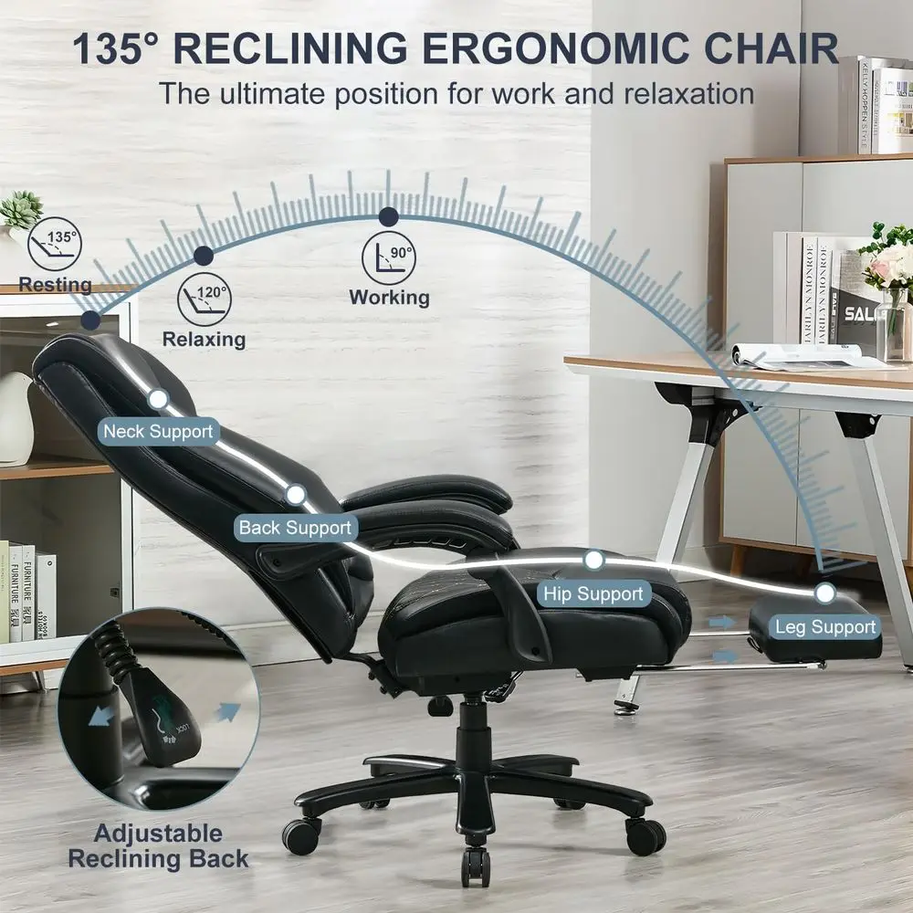 كرسي مكتب مريح مع مسند للقدمين، كرسي ألعاب جلدي للمنزل وغرفة النوم، كبير وطويل، مساند للذراعين مبطنة، مسند للرأس