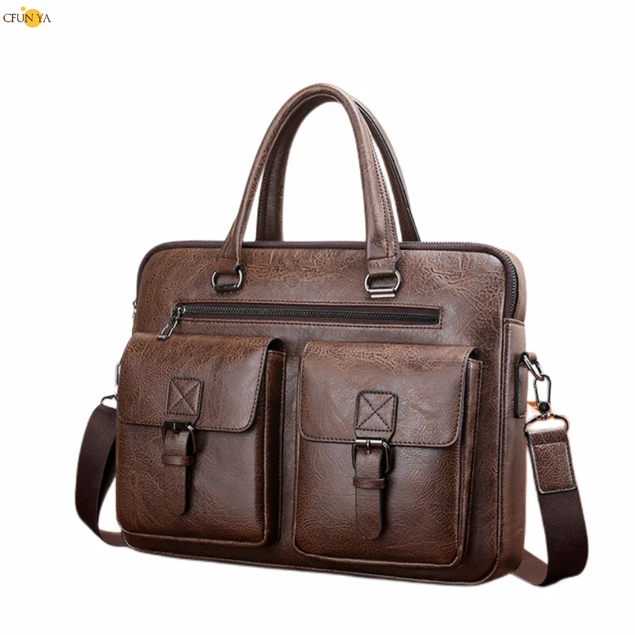 CFUN YA New Man Handbag 14 Inch Computer Shoulder Bag Business Large Capacity Leather Crossbody Bag Men Briefcase Messenger Sac