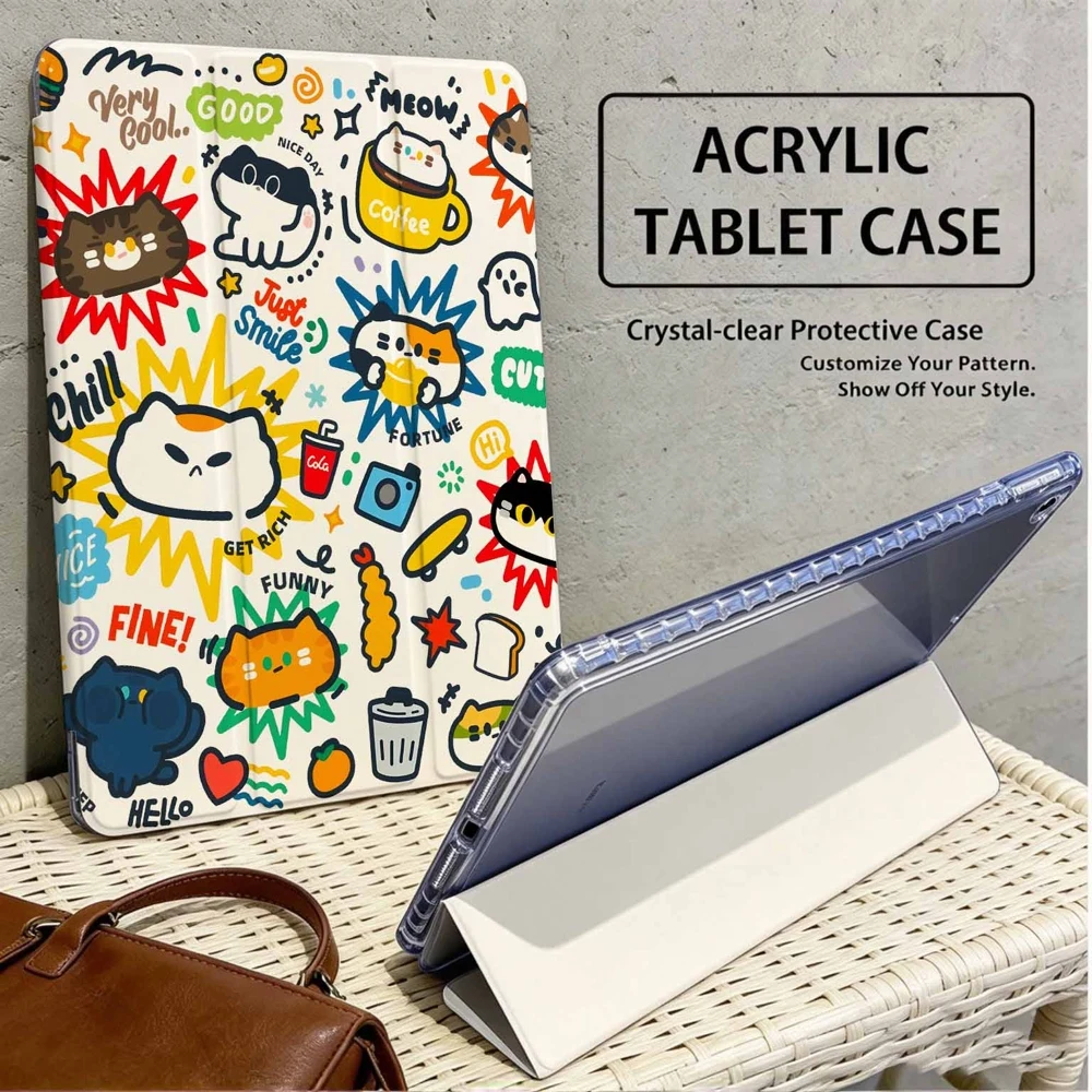 Cute Doodle Cat Pattern For Samsung Galaxy Tab A8 A9 A11 S6 S7 S8 S9 S10 S11 FE Plus Lite With Pen Slot Tablet Case
