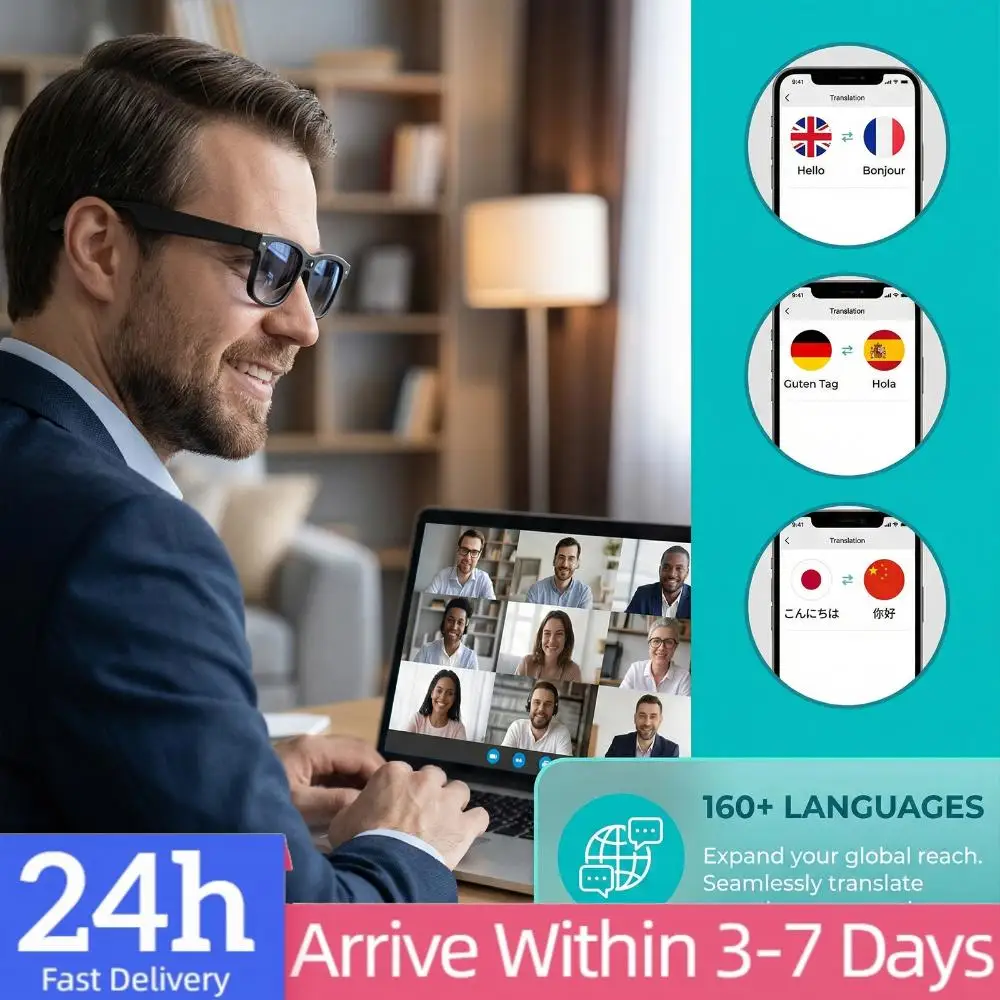 

Audio BT Camera Glasses Real-Time 160+ Language Translation Video Recording Glasses with Color-Change Len for Men Women Driving