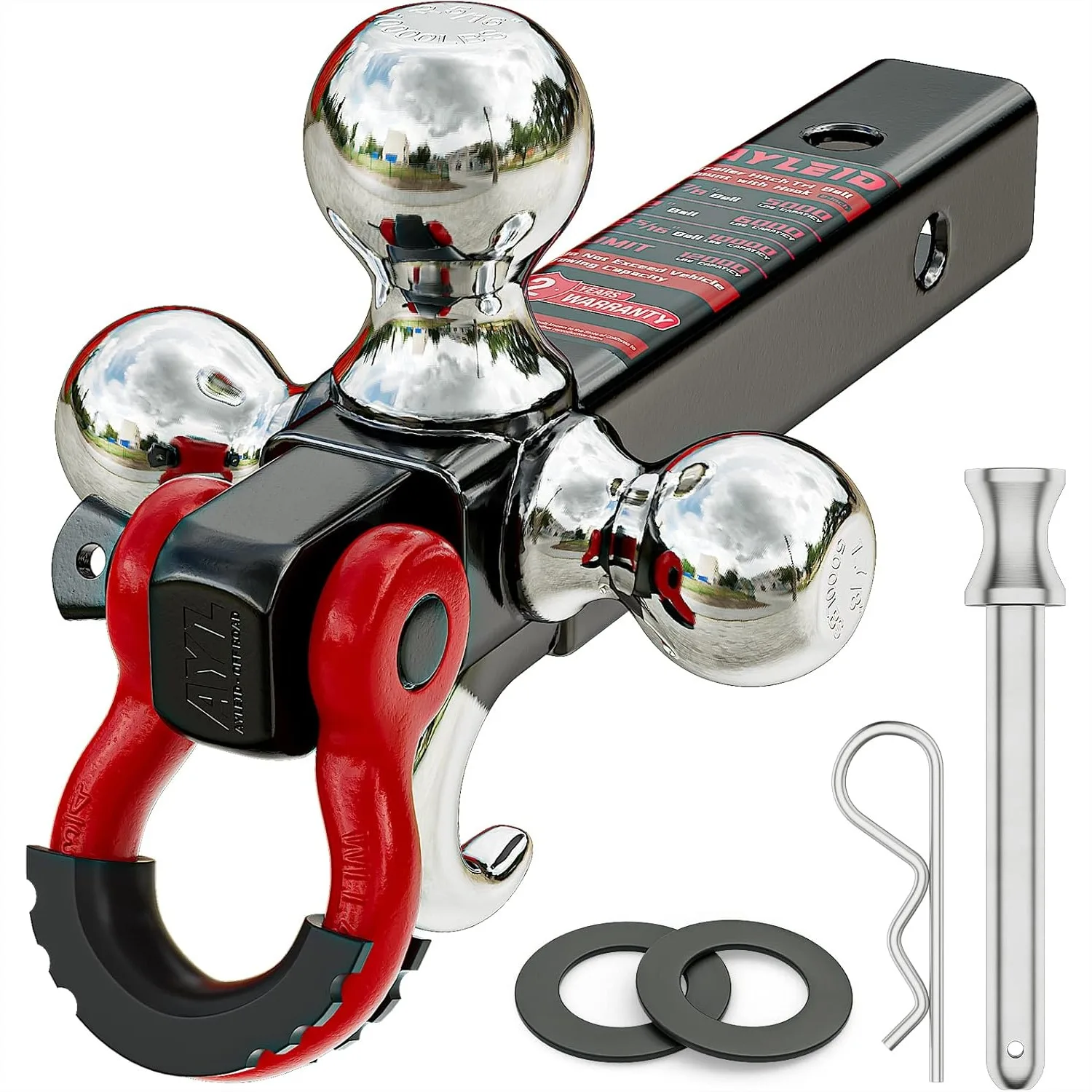 

Tri-Ball Mount with Hook & Rotatable Tow Shackle, Fits 2-in Receiver, 1-7/8, 2, 2-5/16 Hitch Balls, 12000 LBS