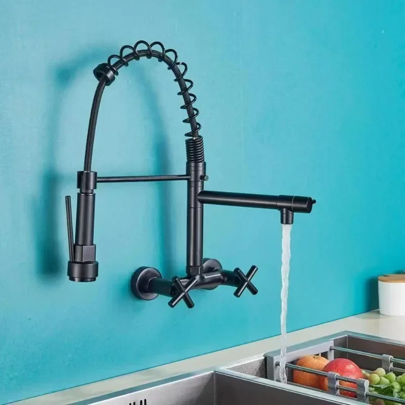 Matte Black Wall Mounted Kitchen Faucet with Dual Handles Hot Cold Water Dual Swivel Spout Spring Pull down Mixer Tap