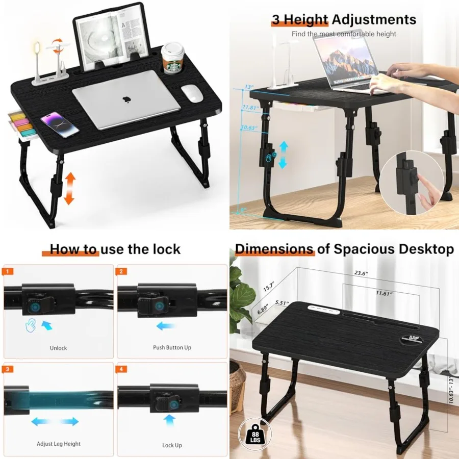 

Lap Desk for Bed, Adjustable Laptop Desk with USB Charging Port, Storage Drawer & Bookshelf — Foldable Bed Desk for WFH & Students, 23.6" Desktop Fits 17" Laptop, Non-Slip, Black