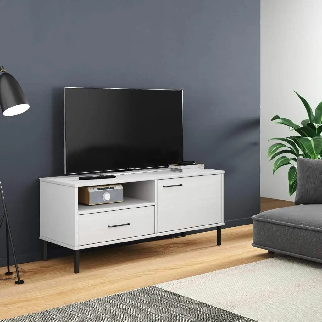 Modern White Pine TV Cabinet with Metal Legs - Stylish OSLO Design for Living Room