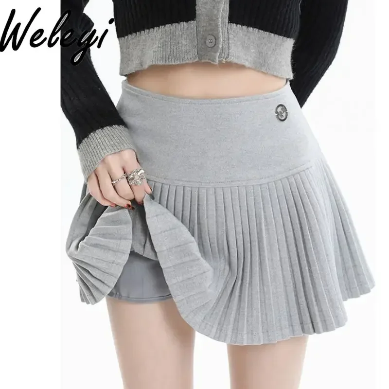 

Wool White Tennis Short Pleated Skirt Ladies Autumn Winter New College Women's Solid Color High Waist A-line Ruched Mni Skirts