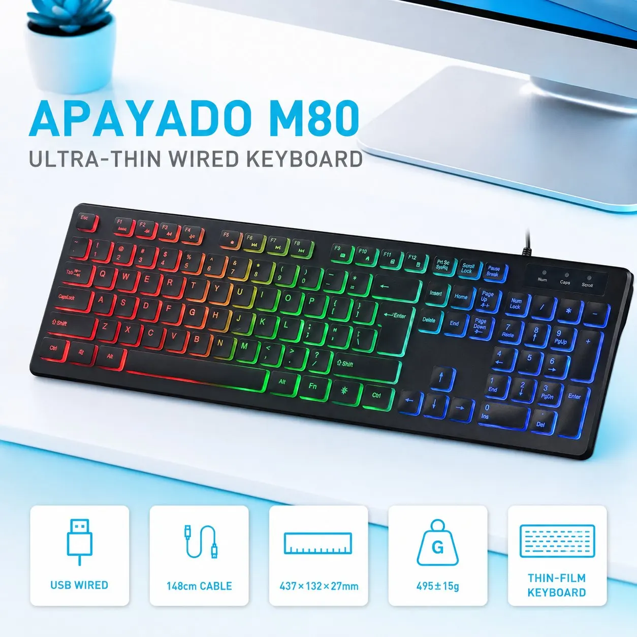 APAYADO M80 USB Wired Membrane Keyboard, 104 Keys with Number Pad, Low-Profile Design, 148cm Cable, Color or White Backlight