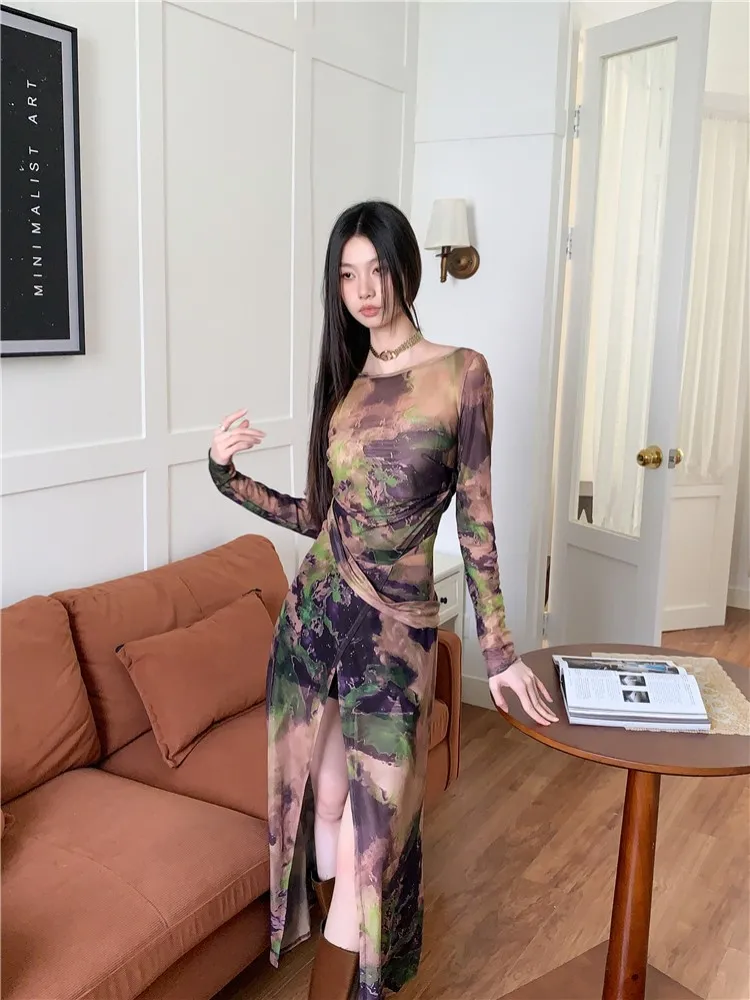 เสื้อตัวยาวพร้อมดีไซน์ผสมผสานสําหรับผู้หญิงในฤดูใบไม้ผลิและฤดูใบไม้ร่วง สไตล์สาวเผ็ด เสื้อยืดคลุมตาข่ายพิมพ์ลายหวานและเย็น