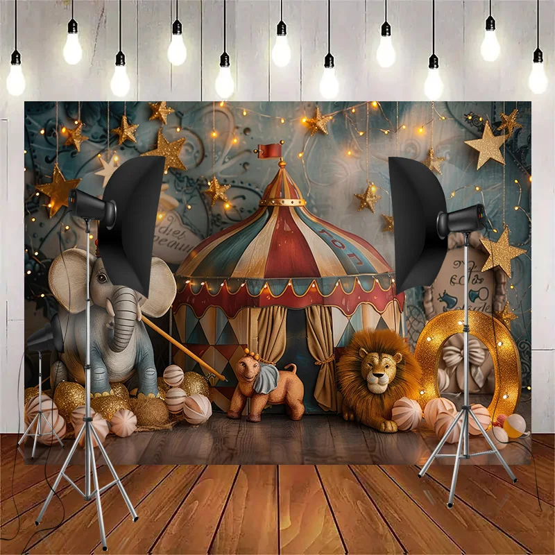 Circus Tent With Striped Canopy Popcorn Photography Backdrops Balloons Birthday Party Decor Animal Photo Studio Background SD-03