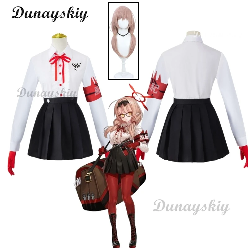 Blue Archive Hinomiya Chinatsu Cosplay Costume Wig Jk Uniform Skirt Black Pleated Skirt Armband Halloween Outfits