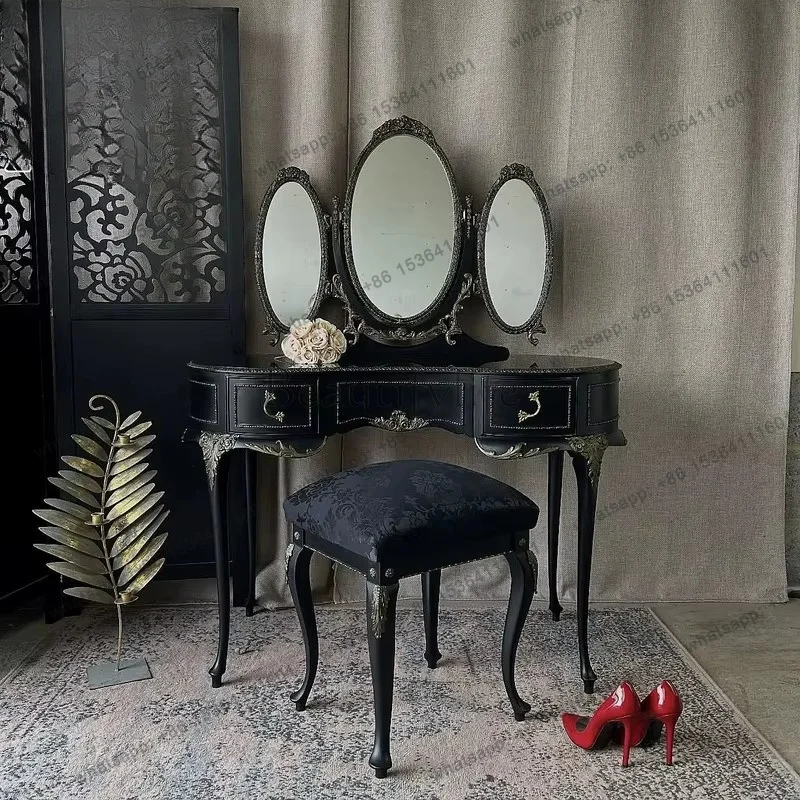 YJ French Solid Wood Vintage Vanity Table with Mirror for Bedroom, Rustic Multi-Functional Storage Dresser