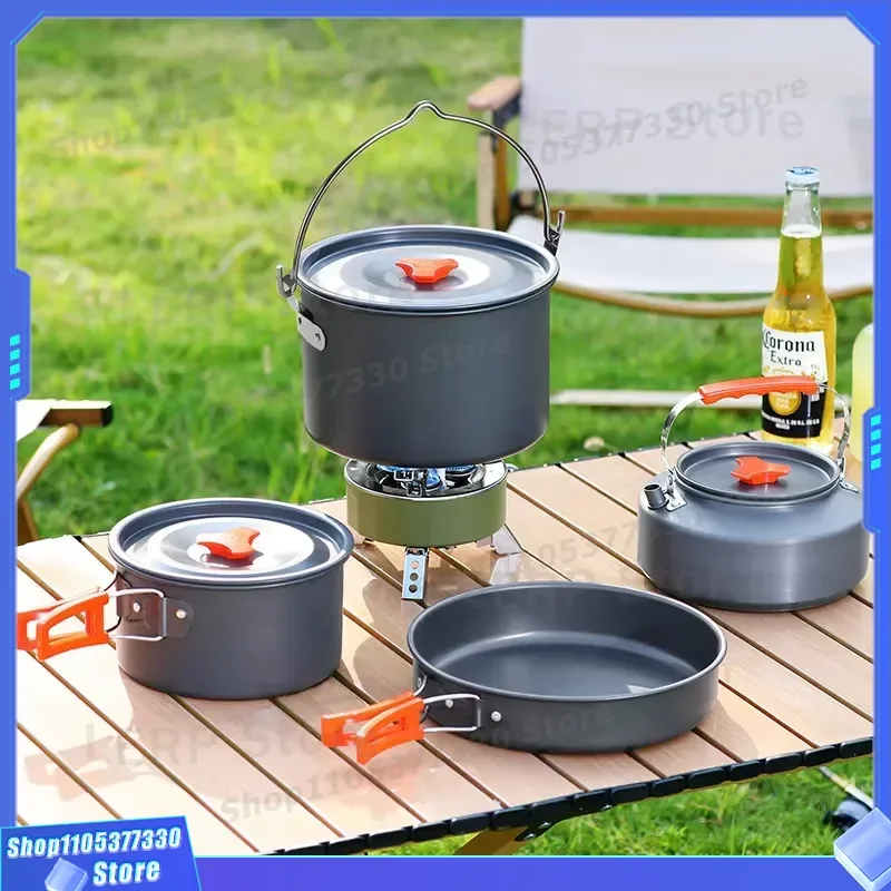 Portable Camping Cookware Set with Hanging Pot Kettle and Cutlery for Outdoor Hiking Picnic Backpacking Travel Gear Kit