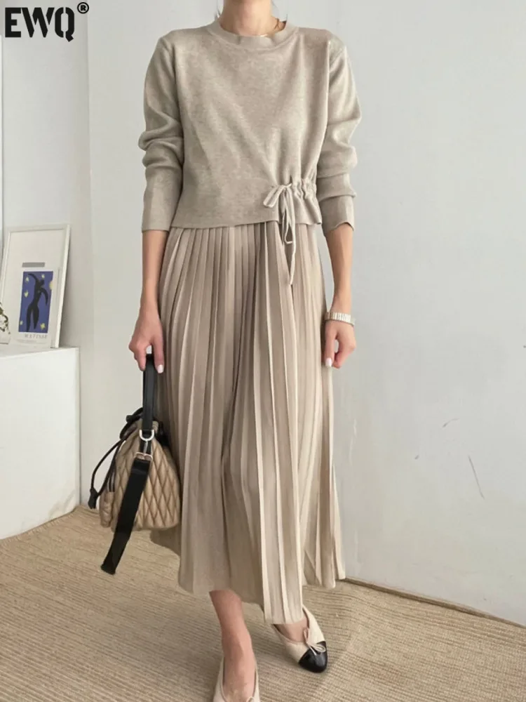 [EWQ] Long Sleeve Drawstring Knit Tops And Pleated Skirts Casual Simple Solid Women Set Clothing 2024 Autumn New Fashion 16O1942