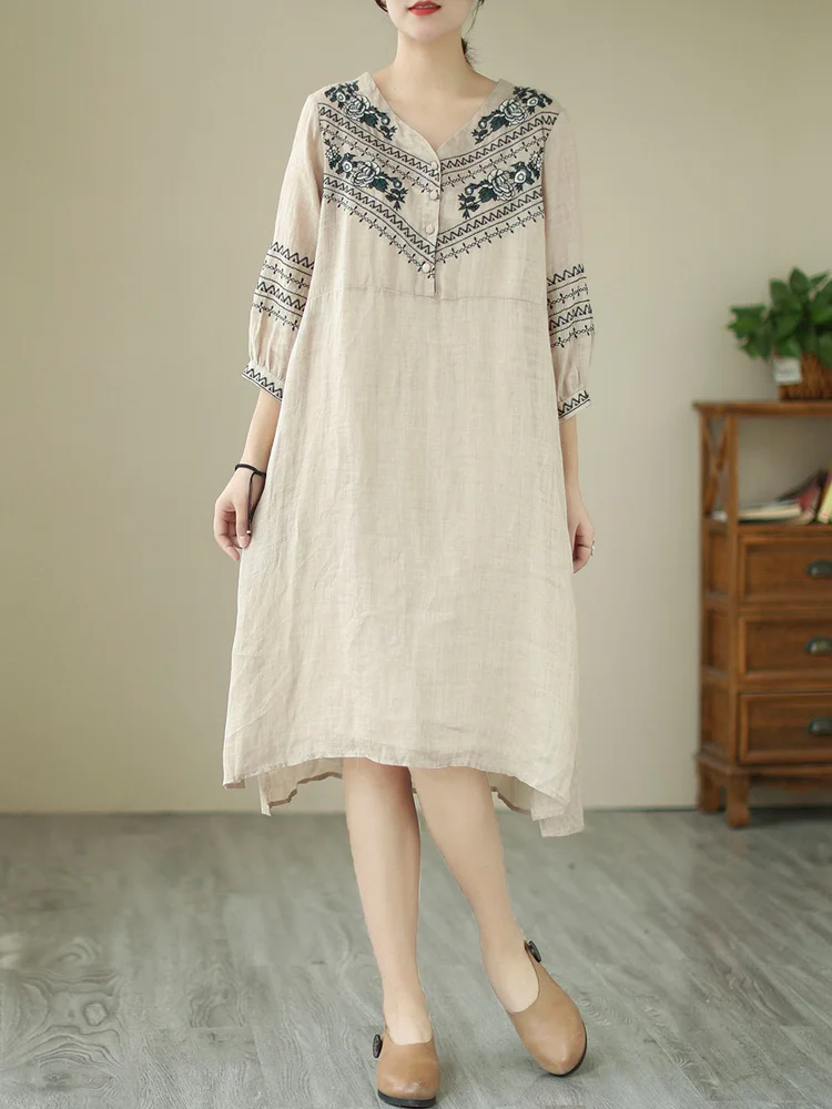 ชุดเดรสผ้าฝ้ายลินินทรงหลวมปักลายดอกไม้ คอวี แขนสั้น ทรงเอ ความยาวปานกลาง เหมาะสำหรับใส่ไปทำงานในฤดูร้อน