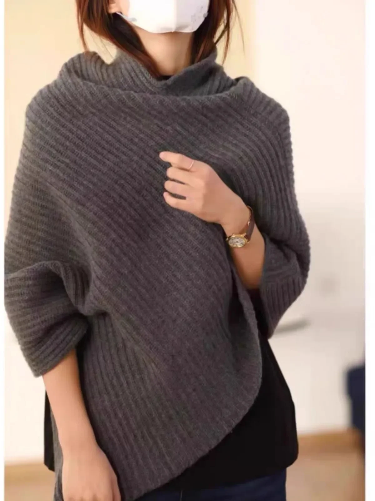 Sweter szal damski z czystego kaszmiru o wysokiej jakości, z nieregularnym golfem, luźna, gruba dzianina, narzutka na wieżę.