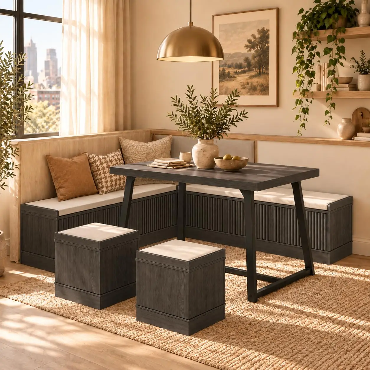 Farmhouse Breakfast Nook Dining Set, White and Gray L-Shaped Bench, Reversible Seating for 3-4, Hidden Storage, Space-Saving