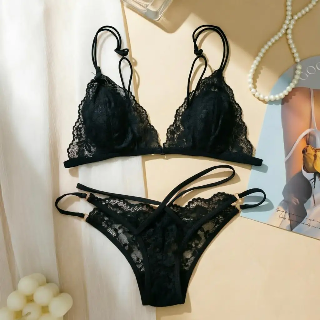 Women's French Sexy Lace Front-Hook Bra and Panty Set Thin Straps Wire-Free Bra Hollowed-out Cross Strap Seamless Panties