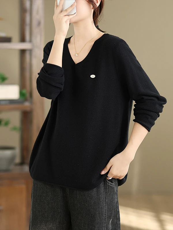 الخريف بسيط كبير الحجم المرأة فضفاض V-Ne محبوك سترة لون نقي التطريز Thiened قاعدة طبقة ملابس خارجية التخسيس #2