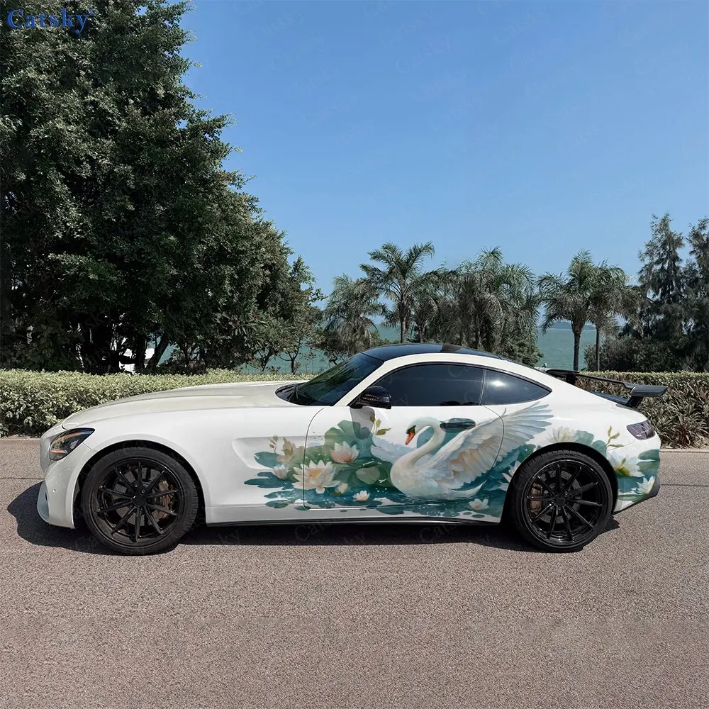 2 pegatinas con diseño de cisnes en la piscina, calcomanías laterales para carrocería de coche, calcomanías de vinilo de PVC, ajuste universal para todos los coches, revestimientos de vinilo para coches